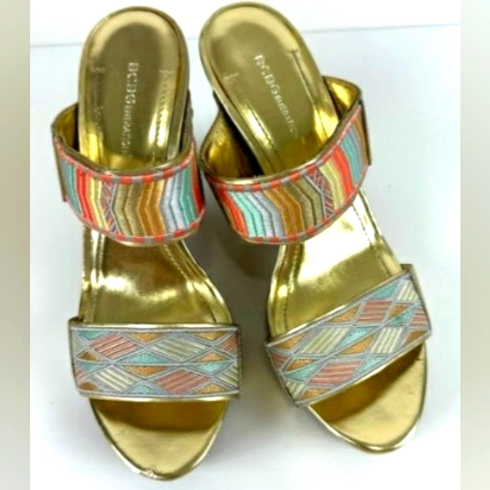 BCBG Multi Color Embroided Strap Platform Wedge Sandal